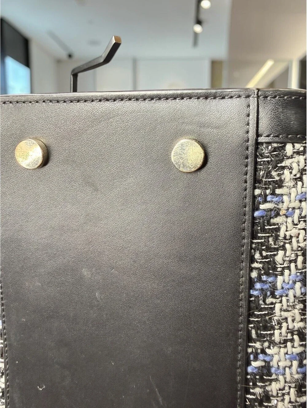 Kate Spade Manhattan Plaid Tweed Large Tote Black Blue Leather KI580 Crossbody